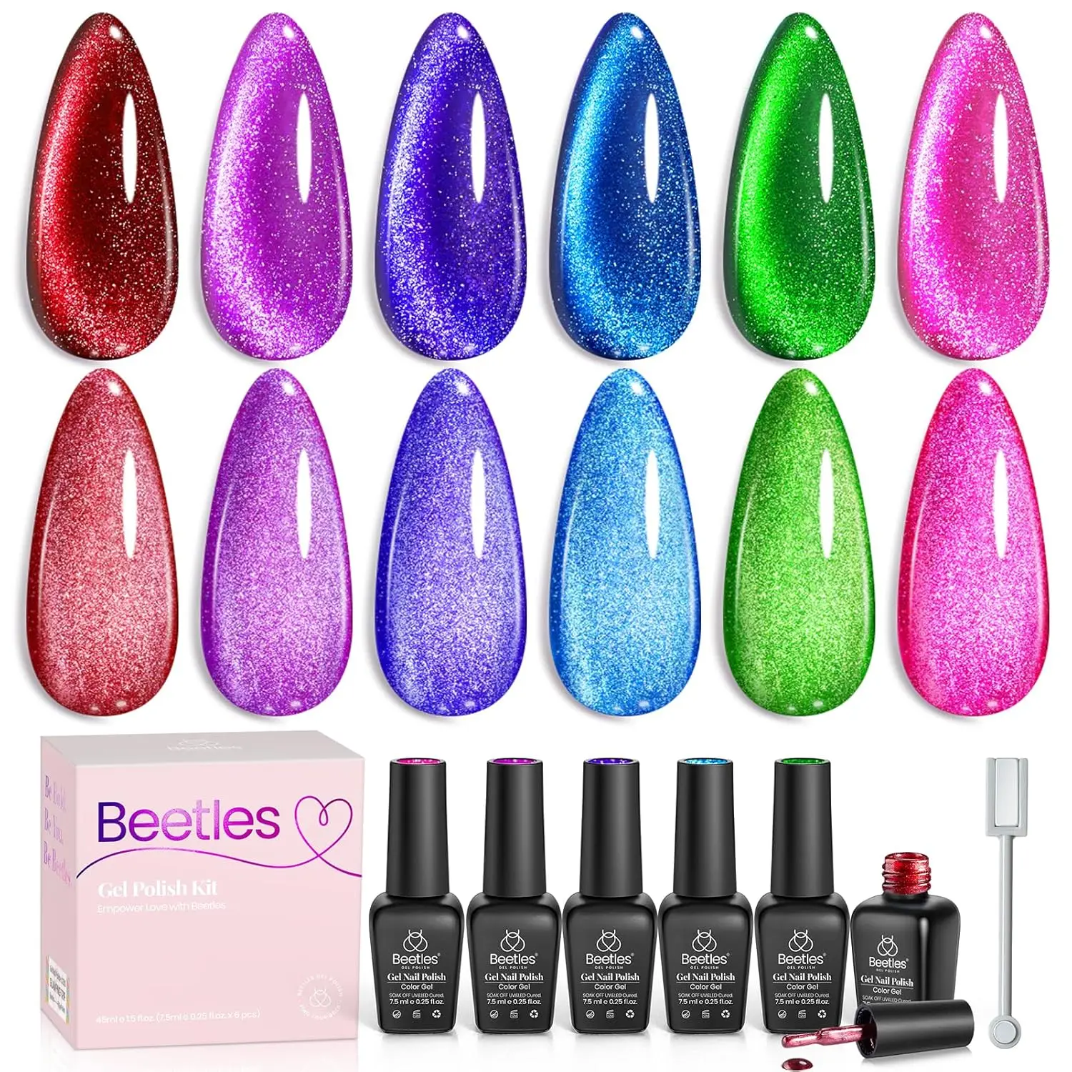 

6 Colors Cat Eye Gel Nail Polish Set - Neon Red Pink Purple Blue Green with Magnet, Soak Off UV Nail Art Manicure Spring Gift