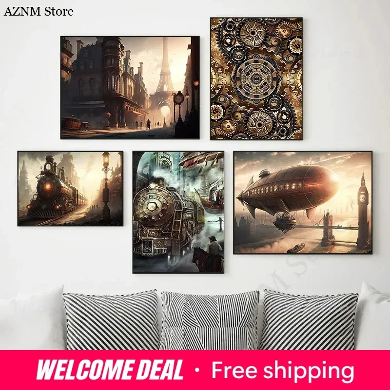 Steampunk Railroad Train Airship Posters and Prints Canvas Printing Wall Art Picture for Living Room Home Decoration
