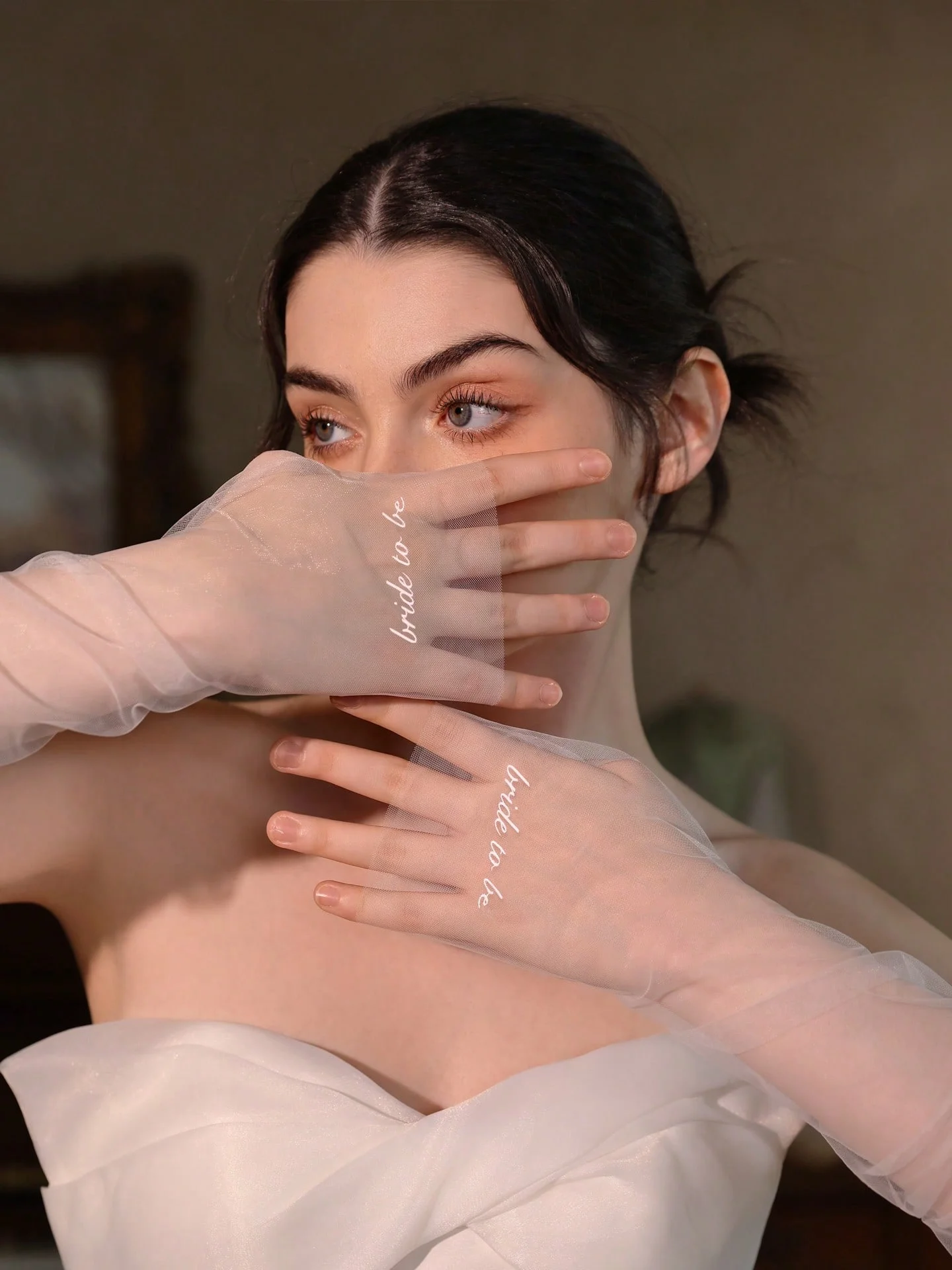 WG221 Hot pressed Letter Bridal Gloves Long White Chiffon Sleeves Bridal Dress Accessories