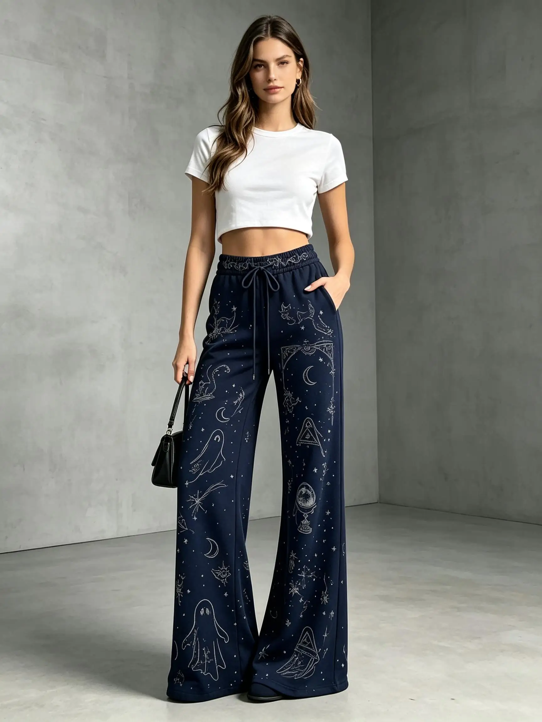 Women Halloween Ghost Moon Star Print Wide Leg Sweatpants Elastic Drawstring Waist Casual Trousers With Pockets