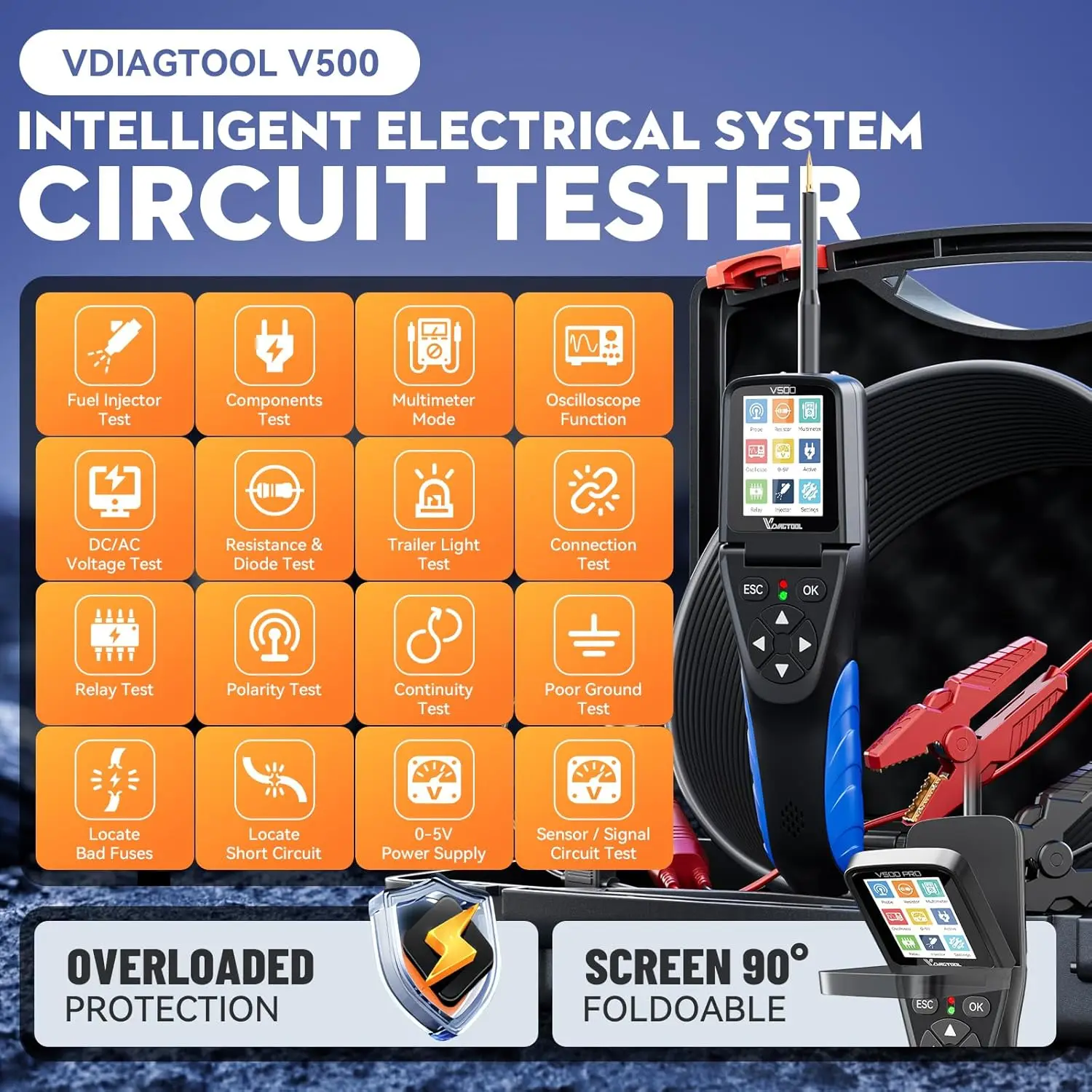 VDIAGTOOL V500 Tester Obwodów Elektrycznych Samochodowych 9-30V z Oscyloskopem, Multimetrem, Testerem Wtryskiwaczy i Przekaźników — zdjęcie 3