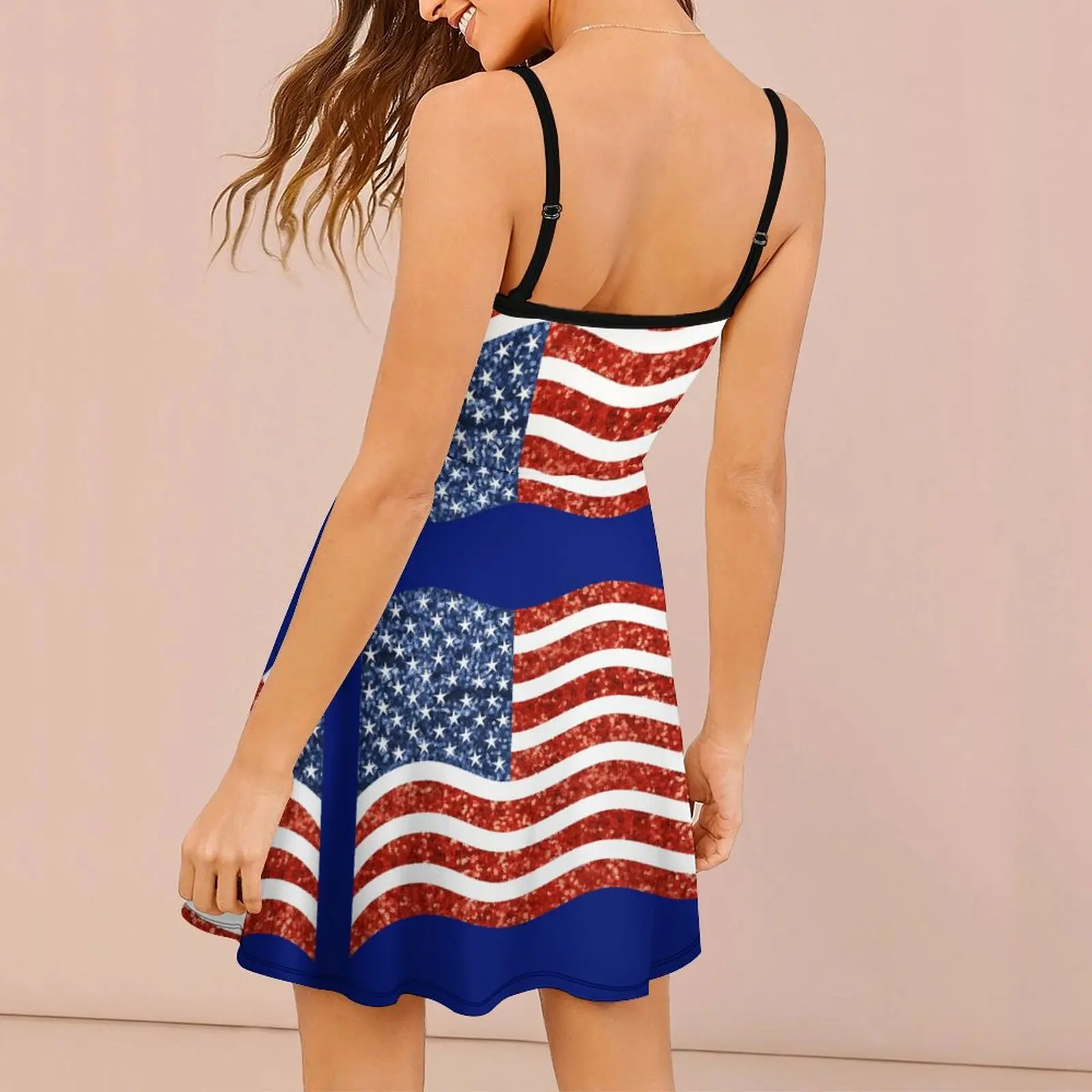 Sexy Glitter Print American Flag Women's Sling Dress Humor Graphic  Vacations  Woman's Dress Suspender Dress Funny