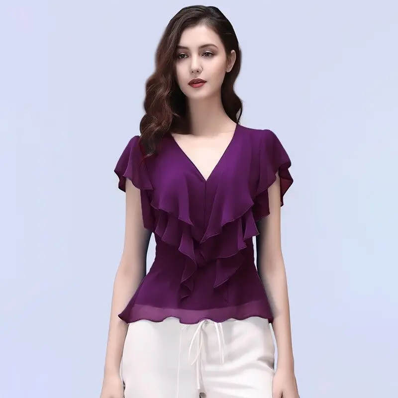 Elegant V-Neck Short Sleeve Chiffon Blouse Women's Fashion Design Sensation Lace Trim Summer Shirt Slimming Top 2025