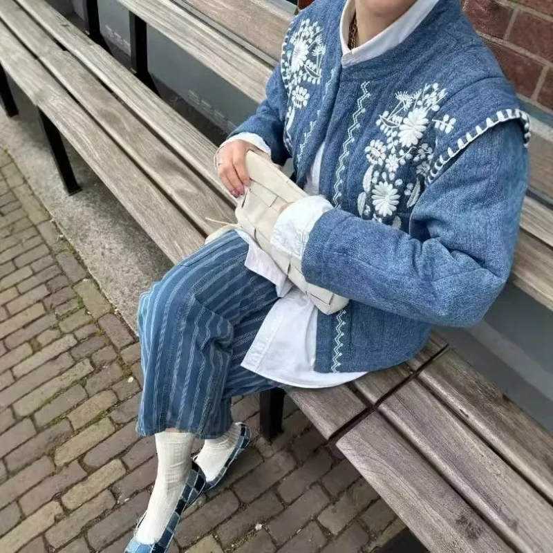 

Vintage Winter Women Cotton Warm Parka Coat Elegant Y2K Double Side Wear Print Single Breasted Pocket Jacket Outwear