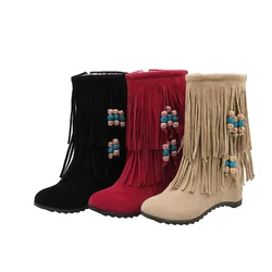 Lady Big Size 43 Tassel String Bead Flock Velvet Women Pumps Round Toe Mid- Calf  Winter Booty Thick High Increasing Heel Boots