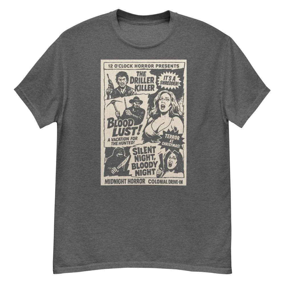 12 O’Clock Horror Vintage Poster T-Shirt Driller Killer Blood Lust Silent Night Bloody Night Drive-In Horror Movie Graphic Tee