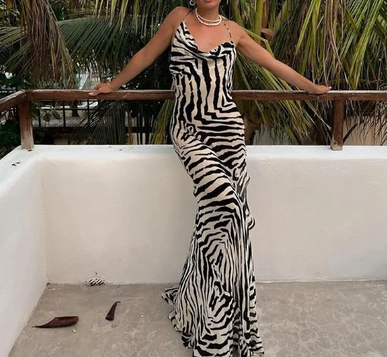

Summer New Fashionable and Sexy Vacation Style Zebra Pattern Printed Swing Collar Waist Waist Bareback Women's Beach Strap Dress