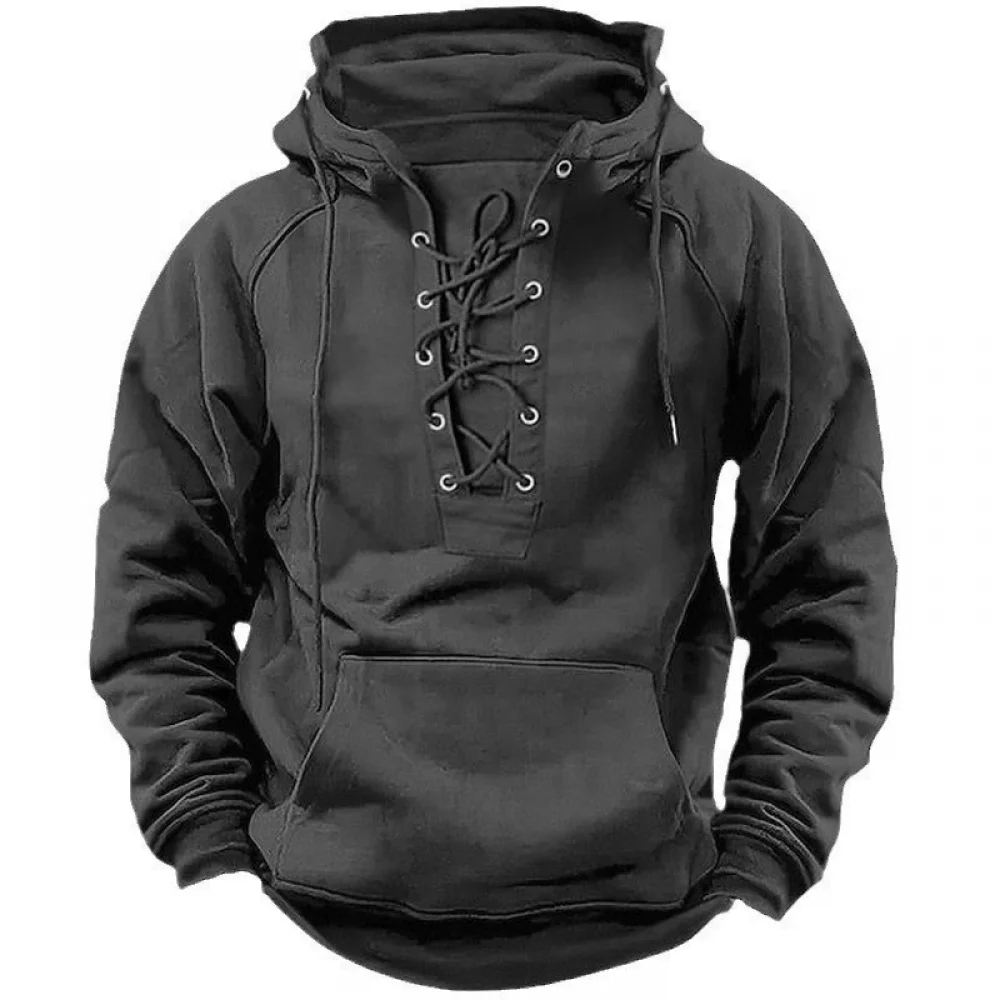 Men Drawstring Sweatshirt Vintage Lace-up Hooded Loose Pullovers Shirts Autumn Winter Long Sleeve Hoodie Fitness Sportswear