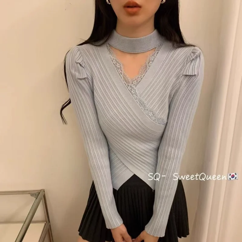 Nuevo Otoño Invierno encaje grueso cuello empalmado suéter con cuello en V mujeres coreanas camisa Base interior delgada