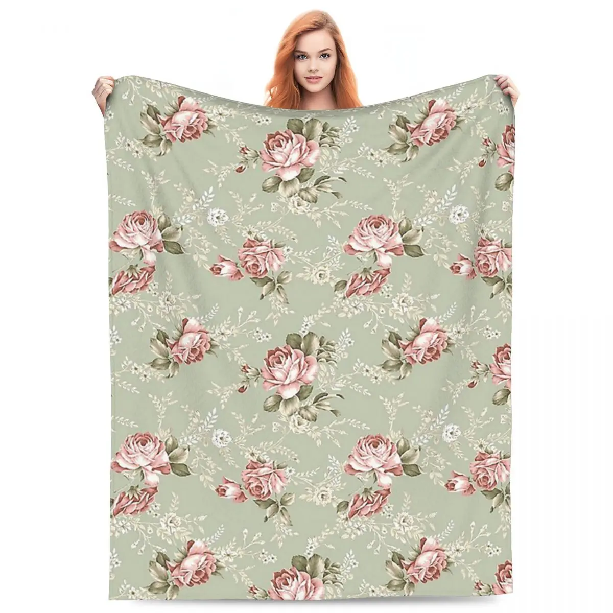 

Vintage Blush Roses - Sage Green Background Blankets Flannel Sofa Throw Blankets for Home Bedroom Office Throws Bedspread Quilt