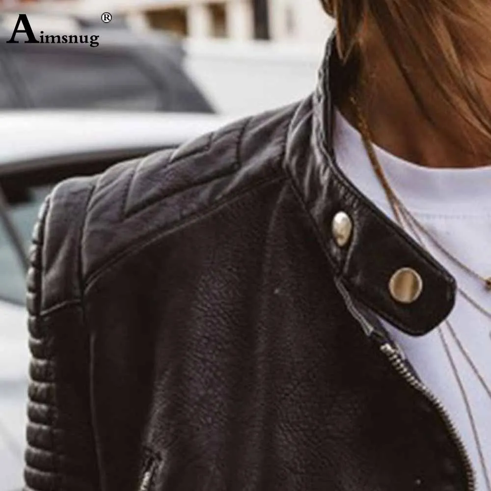 Women Faux Pu Leather Jackets 2023 Autumn Winter Outerwear Mandarin Collar Pockets Zipper Coat Slim Moto Biker Artificial Jacket