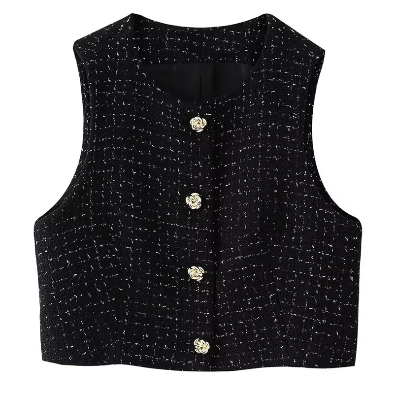 HXAO Women 2024 Women\'s Vest Textured Black Vest Woman Crop O-Neck Sleeveless Waistcoat Women Floral Button Gillet Lady Tank Top