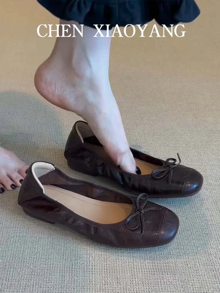 

Handmade Leather Retro Egg Roll Flat oes Women's round Toe Bow Tie Thi Heel Mary Janes Slip-On andmother oes