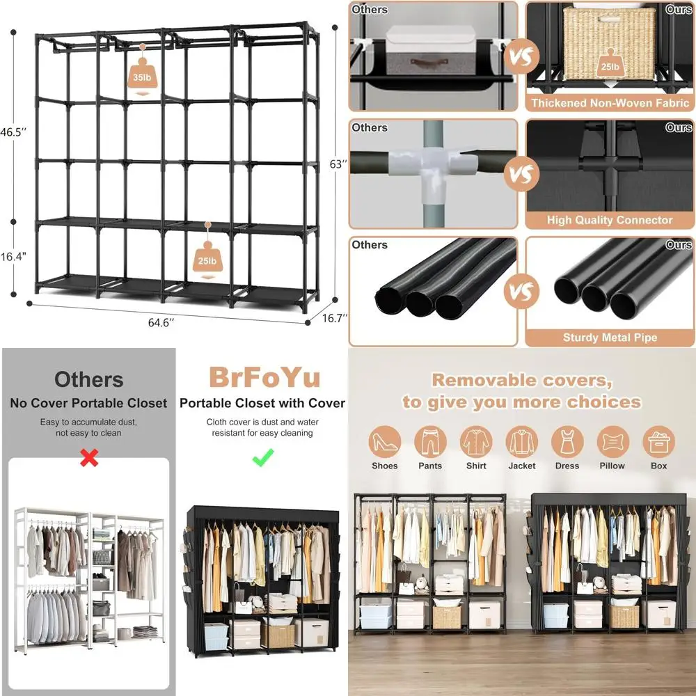 

67 Wide Freestanding Wardrobe Closet with Hanging Rods, Shelves, and Pockets - Large Bedroom Storage Solution in Black