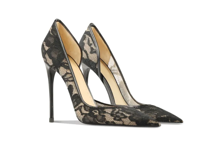 Black lace side empty high-heeled shoes for women, new pointed and slender heel style, high-end and comfortable single shoe