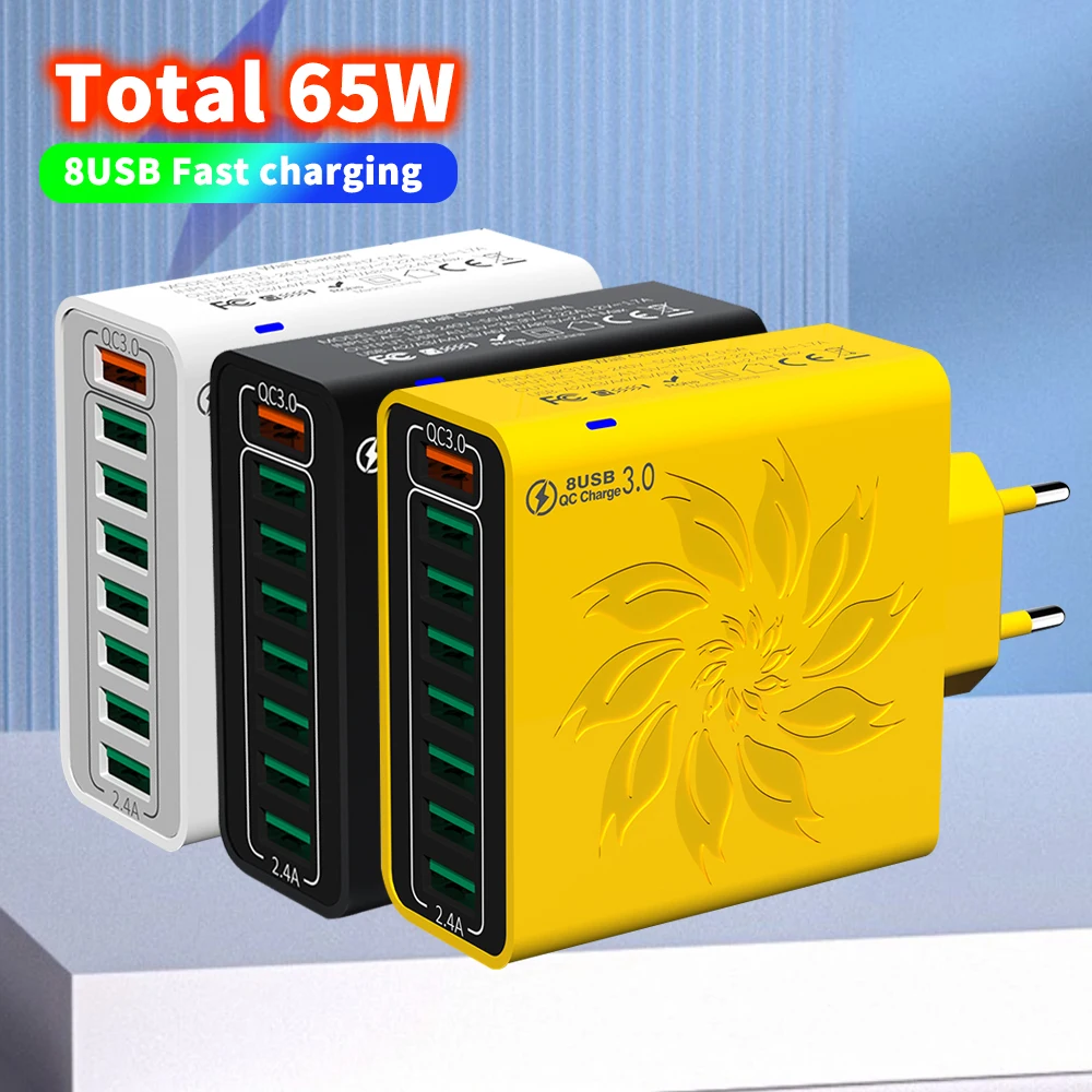Total 65W 8Ports USB Charger Fast Charging QC3.0 Charger Wall Power Adapter For iPhone Samsung Xiaomi Quick Charge EU/US/KR Plug