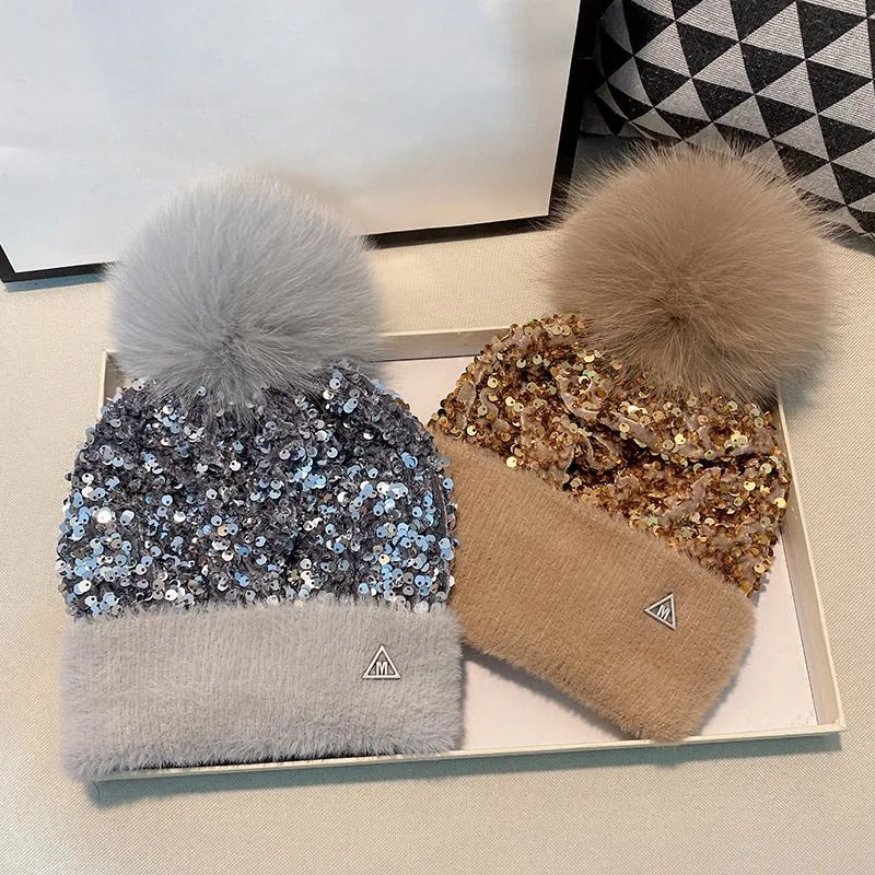 韓国版の秋冬ミンクカシミヤニット帽子、本物のフォックスファーボール付き、スパンコール付き帽子、暖かくて多用途です。