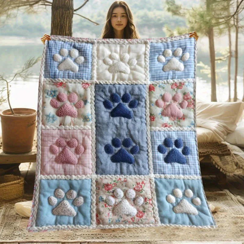 1 Stück Überwurfdecke mit Pfotenabdruck – leichte Ganzjahres-Tagesdecke aus weichem Flanell mit Pastellfarben