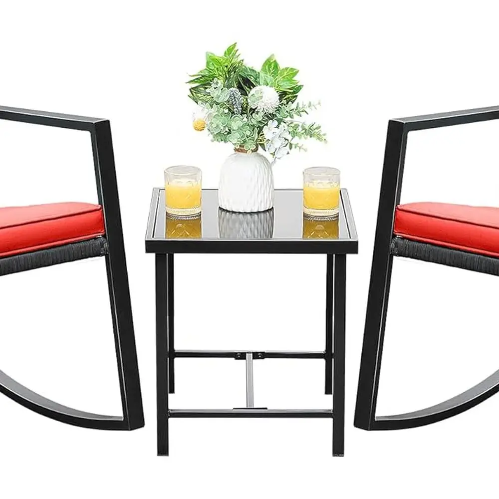 

Red Wicker Outdoor Patio Furniture Set with 3 Chairs and Glass Top Coffee Table for Porch Conversations