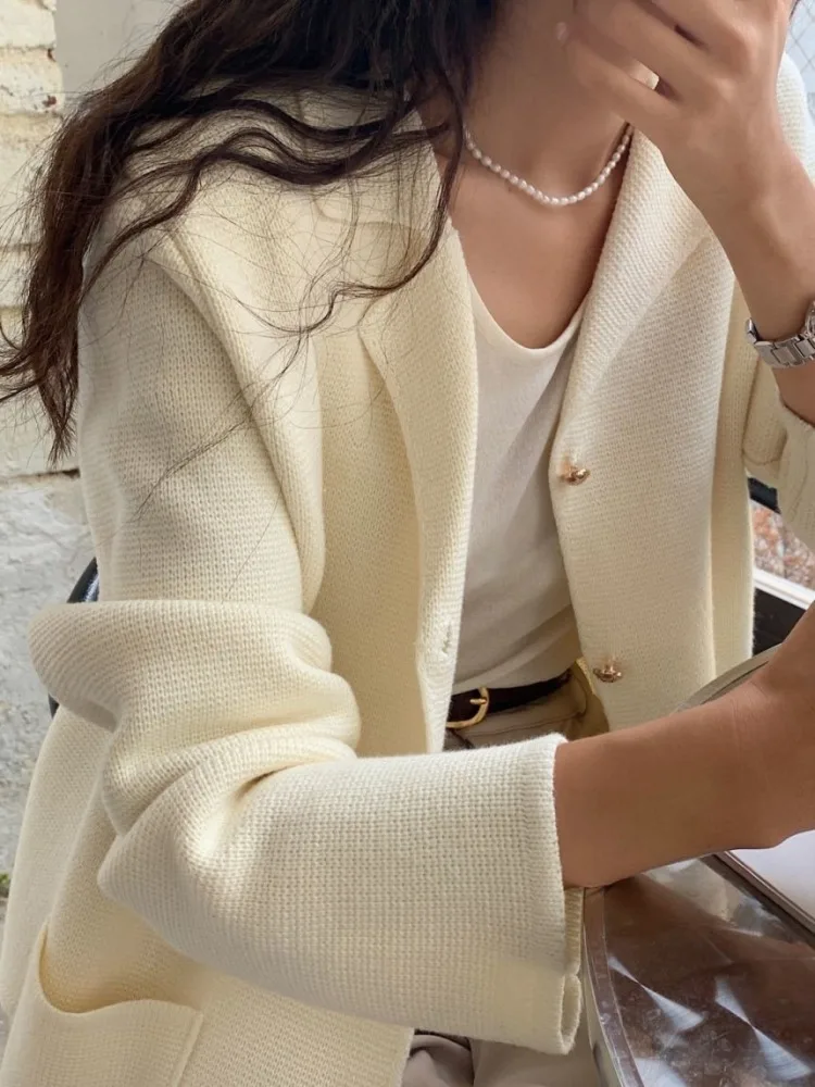 Women\'s Autumn Winter Knitted Cardigan Blazer-sweaters Single Breasted Jacket Coat Short Outerwears Stylish Tops 2023