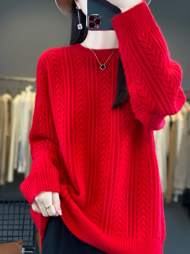 Women Hollow Out Sweater O-neck Pullover 100% Merino Wool Knitwear Loose Twist Flower Batwing Sleeve Chic Cashmere Spring Autumn