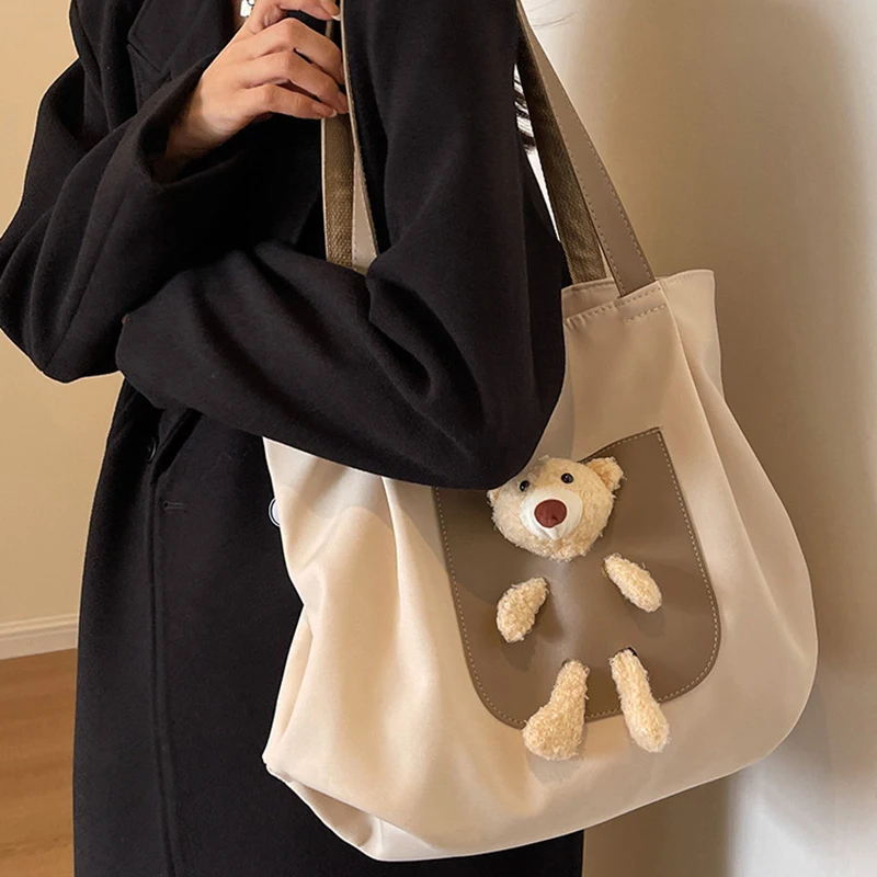 New Large Capacity Bag Female Cute Plush Bear Canvas Bag Cute Plush Bear Canvas Bag College Students Commute to Class Tote Bag