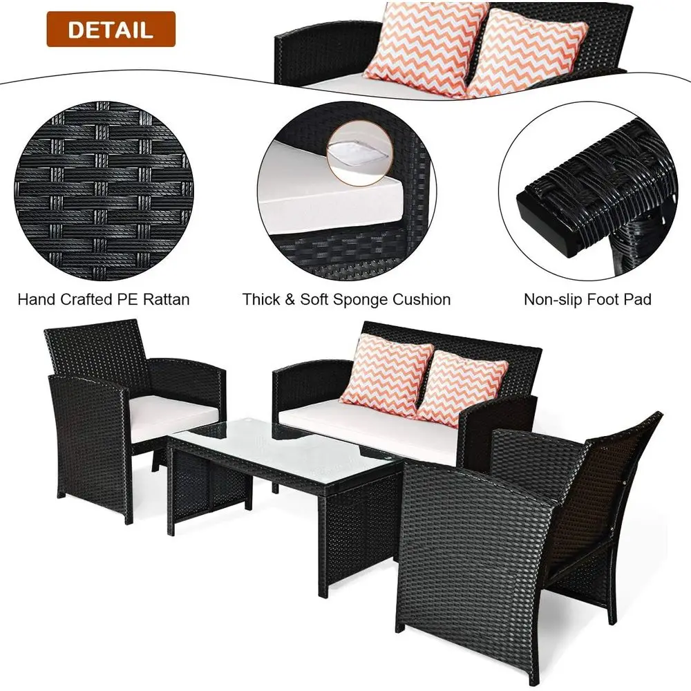 White Outdoor Wicker Sofa Set with 4 Seats and Tempered Glass Table for Patio Conversation Area
