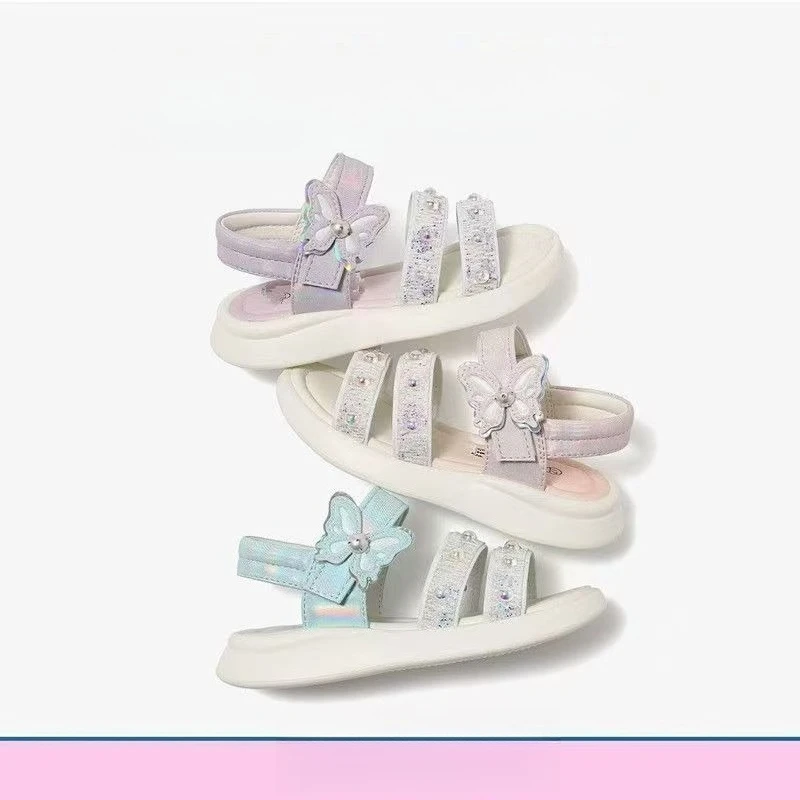 Little Girls Double Straps Sandals with Cute Butterfly 2026 New Summer Kids Chunky Water Shoes Non-slip Versatile Barefoot Shoes