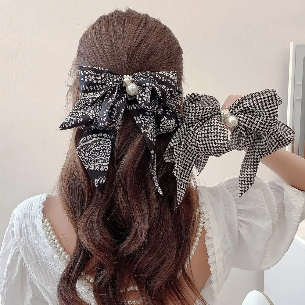 Retro Girls Plaid Pearl Pattern Women Spring Clip Bow Hair Clip Houndstooth Hair Accessories