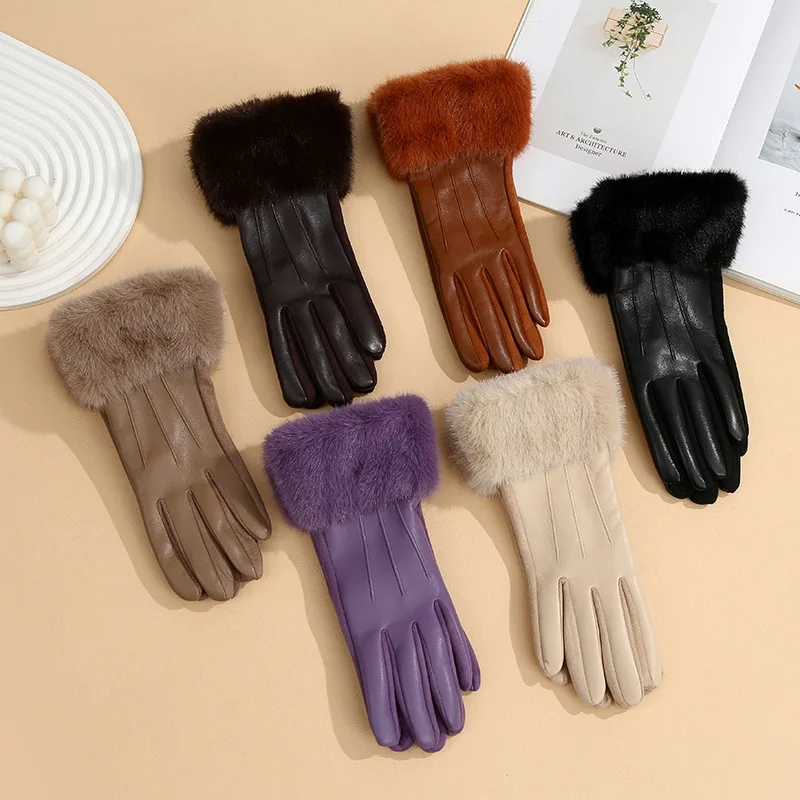 Elegant Fashion Winter Outdoor Cycling Luxury Women's PU Leather Gloves Wrist Soft Faux Fur Trim Cuff Warm Touch Screen