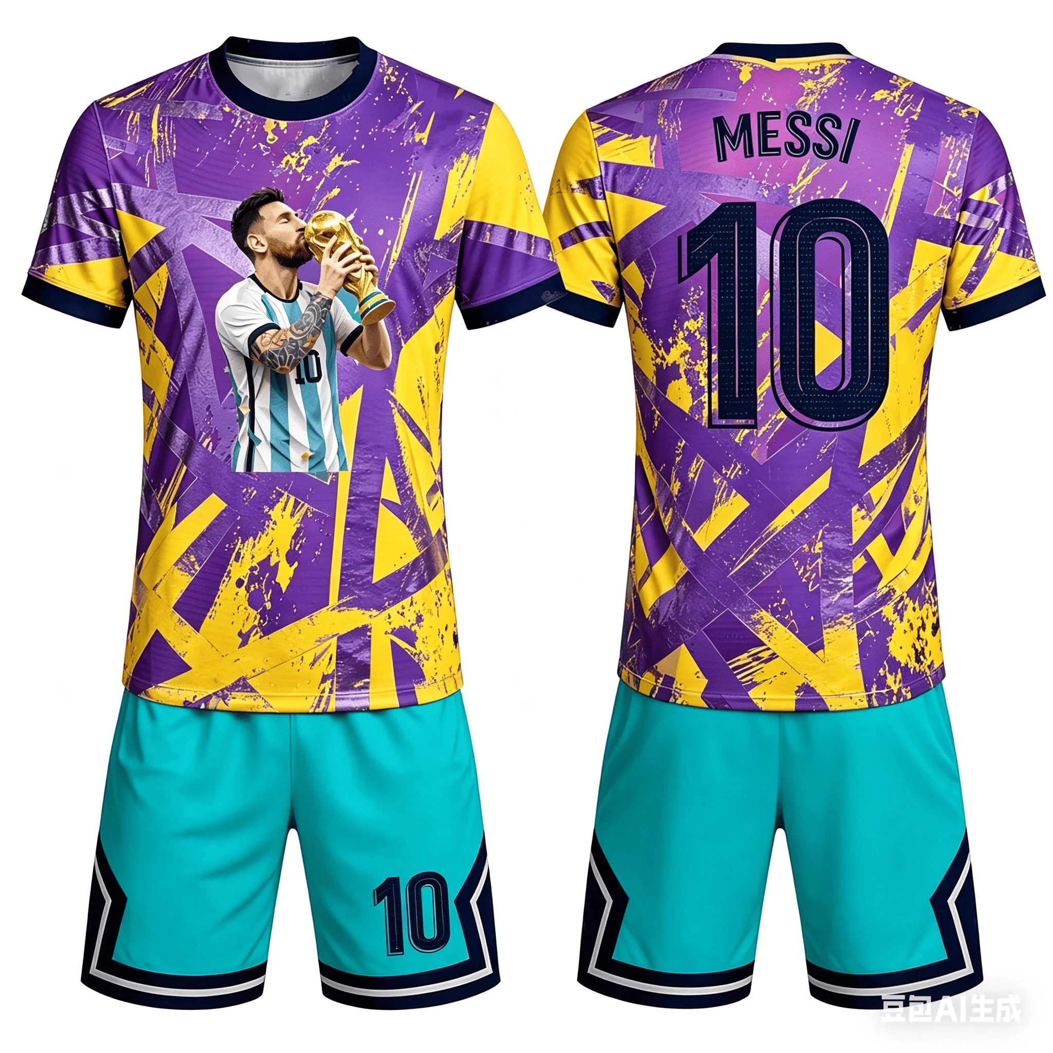 Messi-Themen-Trikot-Set mit Mehrfarbigem Spritzerfarben-Graffiti-Design, Größe 10, Bedruckt, Atmungsaktiv, Unisex, Familien-Matching-Kinder-Trikot-Set – Detail 7