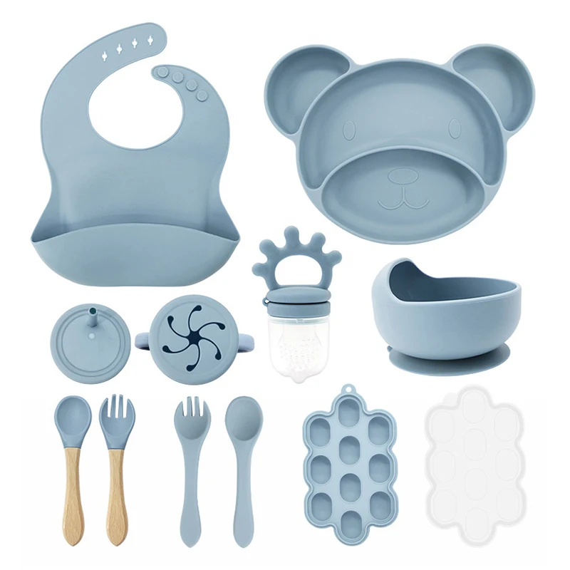 

11Pcs Silicone Baby Feeding Set Toddler Bear Plate Suction Bowl Bib Spoon Fork Fruit Feeder Tray Kids Self Eating Utensils