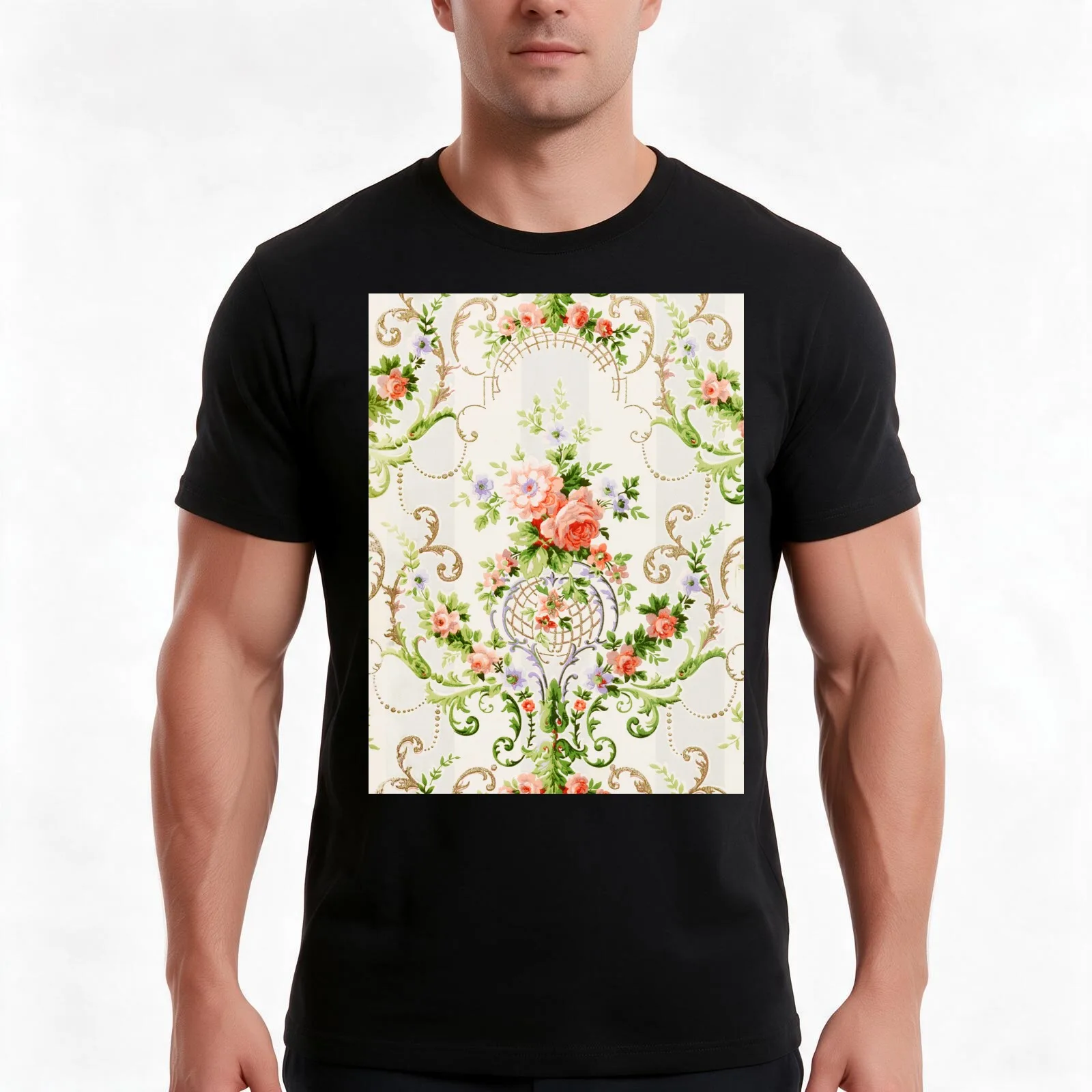 Rococo floral - Flower pattern T-Shirt, Summer Casual Cotton Tee, Oversized Streetwear Tops, Vintage Graphic Print, 100% Cotton