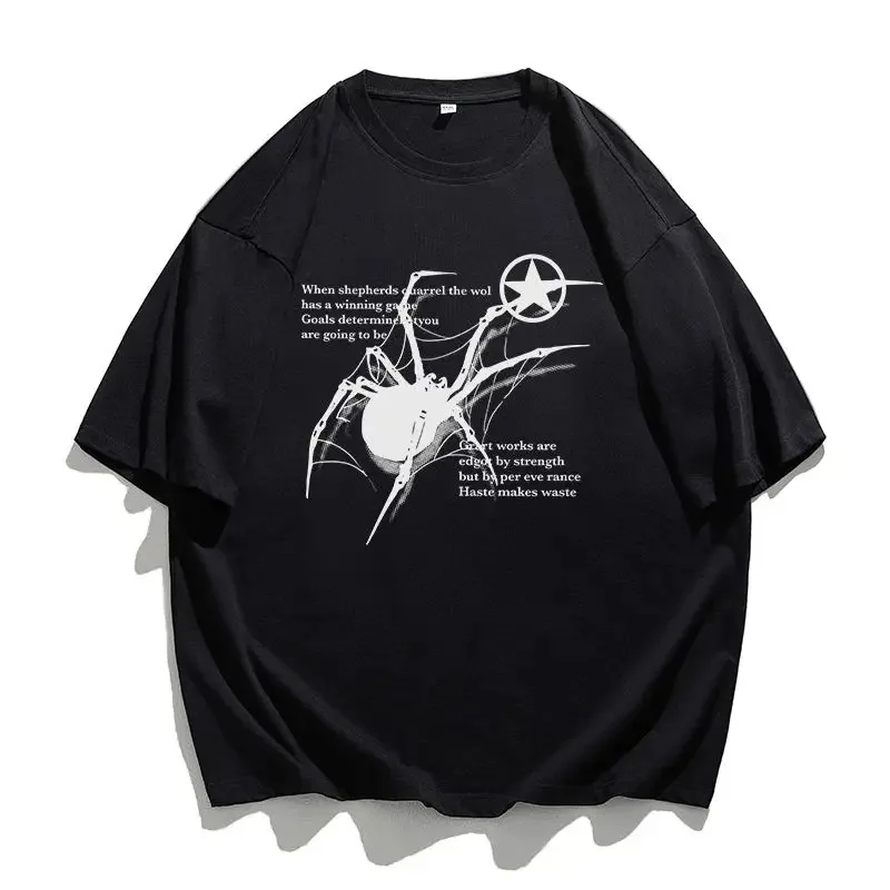 American retro street spider graphic T-shirt for men and women summer loose fitting college style couple short sleeved top y2k