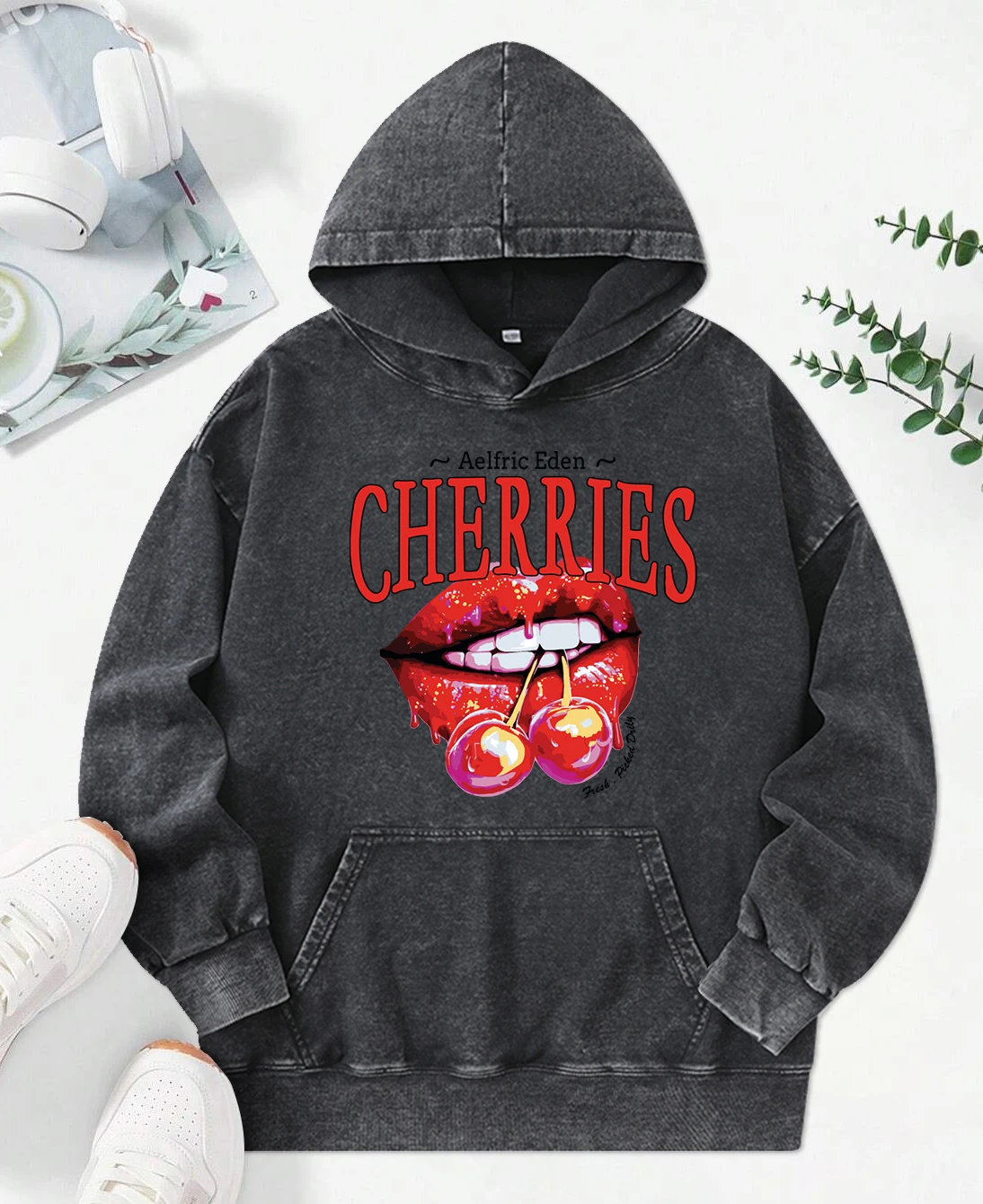 Cherries On The Lips Printing Female Washed Hoodies Fashion Cotton Hoody Creativity Multicolor Top All-Match Casual Streetwear