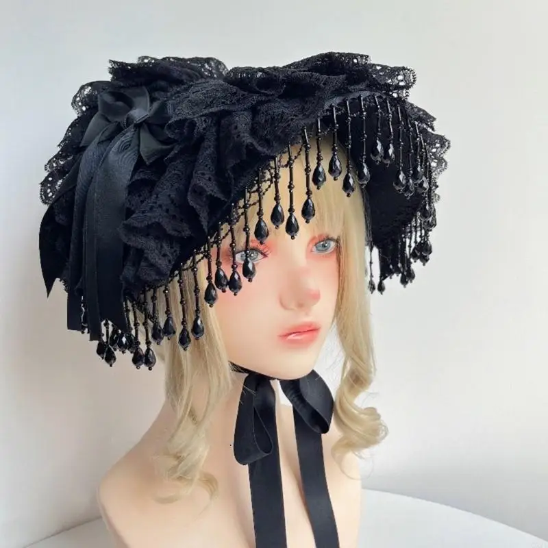

Victorian Maid Hat Lolita Gothic Hat Cosplay Sweet Girls Black Pearl Tassel Lace Bow Headwear Halloween Party Head Accessory