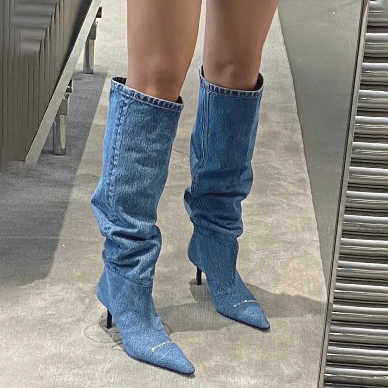 Kowbojskie Chelsea Boots do kolan 2023 nowe jesienno-zimowe szpiczaste szpilki damskie Gladiator motocyklowe Mujer Zapatillas