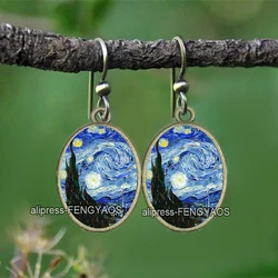 Van Gogh Painting Drop Earrings The Starry Night Dangle Eearrings  Van Gogh Sunflowers Retro Oval Jewelry Glass Dome Earrings