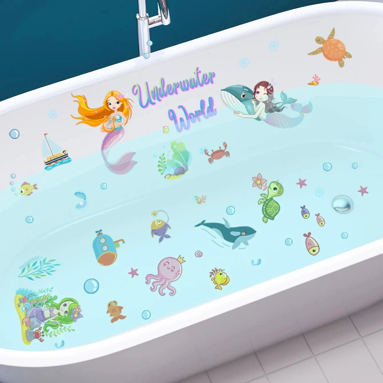 6 sheets Mermaid Sea Underwater World Cartoon Figure & Animal Print Non-Slip Bathtub Stickers - Anti-Slip PVC Bathtub Appliques