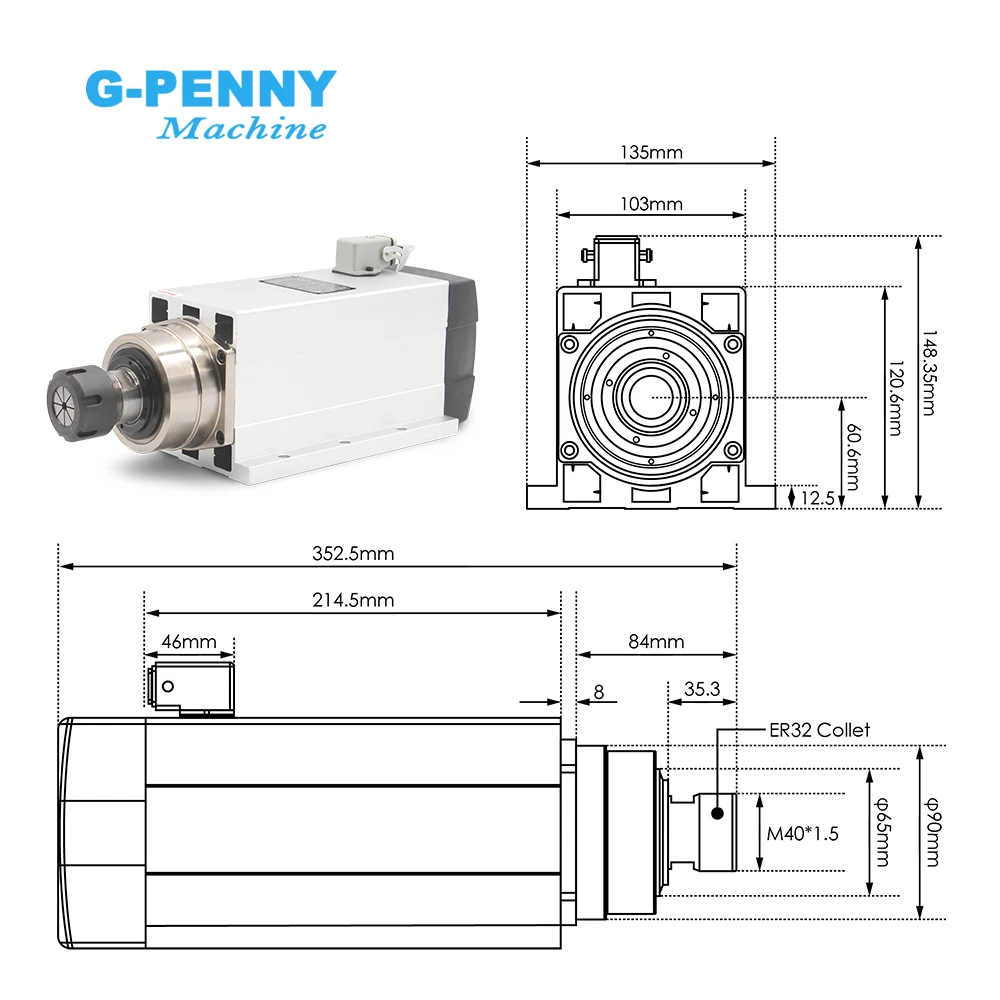 G-Penny 4.5kw ER32 Air Cooled Spindle Motor 220v/380v Square Spindle Ceramic Ball Bearings 0.01mm Wood Milling Engraving CNC