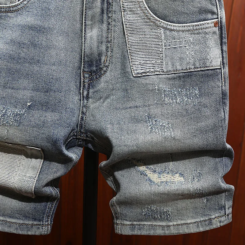 Trendy brand summer denim shorts men's patchwork design trendy and fashionable denim five quarter pants