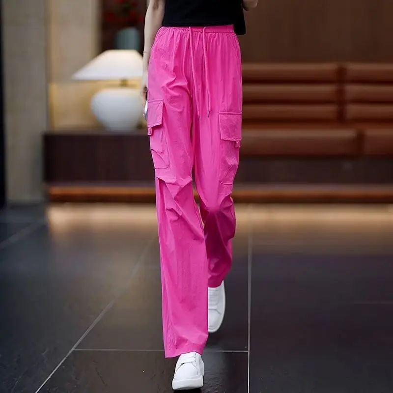 American Overalls for Women in Summer 2025 New High Waist Loose Breathable Quick-drying Rose Red Sports Wide-leg Pants