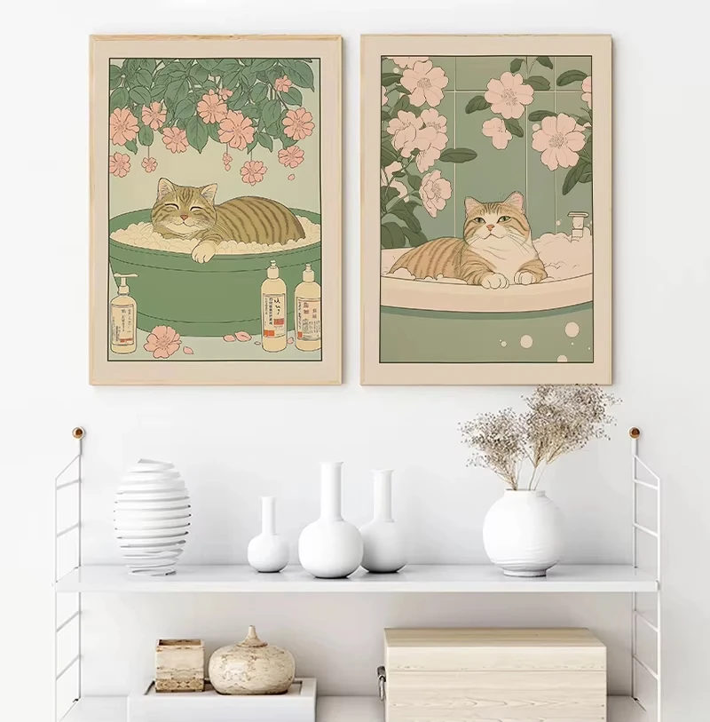 Scottish Cat in A Bathtub Poster Print Black Cat Tabby Cat Eating Ramen Canvas Painting Japanese Wall Art Bathroom Kitchen Decor