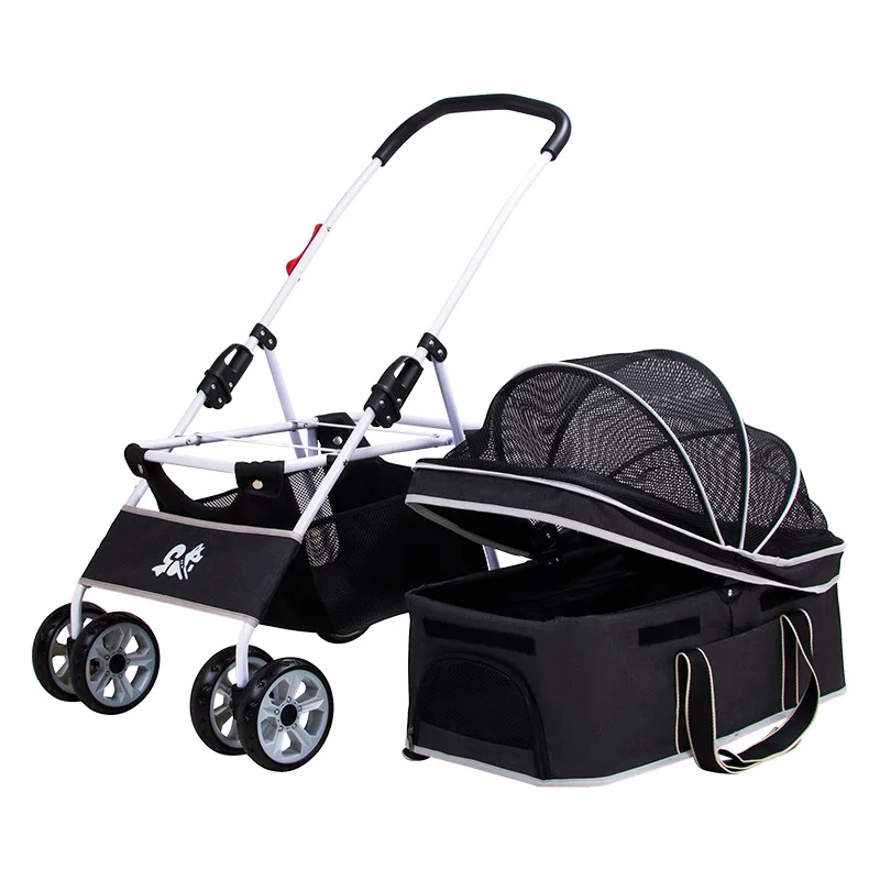 

Pet Stroller Foldable Dog Puppy Stroller With Brakes Storage Basket Detachable Carrier Collapsible Stroller Outdoor Pet Supplies