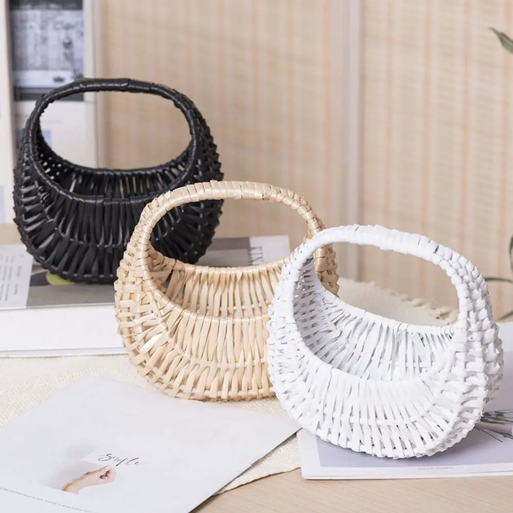 Gift With Handle Flower Basket Half Moon Hand-held Rattan Basket DIY Handmade Storage Container Picnic