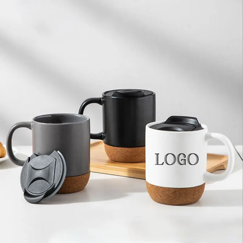 

Custom Logo Nordic Matte Grey White Black Glaze Cork Base Ceramic Coffee Mug With Wooden Insulated Cork Bottom and Plastic Lid