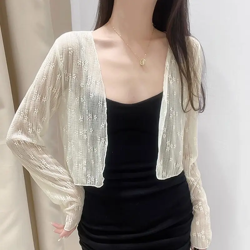 

White Lace Cardigan for Women Thin Style Suitable for Skirts Sun Protection Outerwear Shawl Short Long Sleeve Summer Jacket
