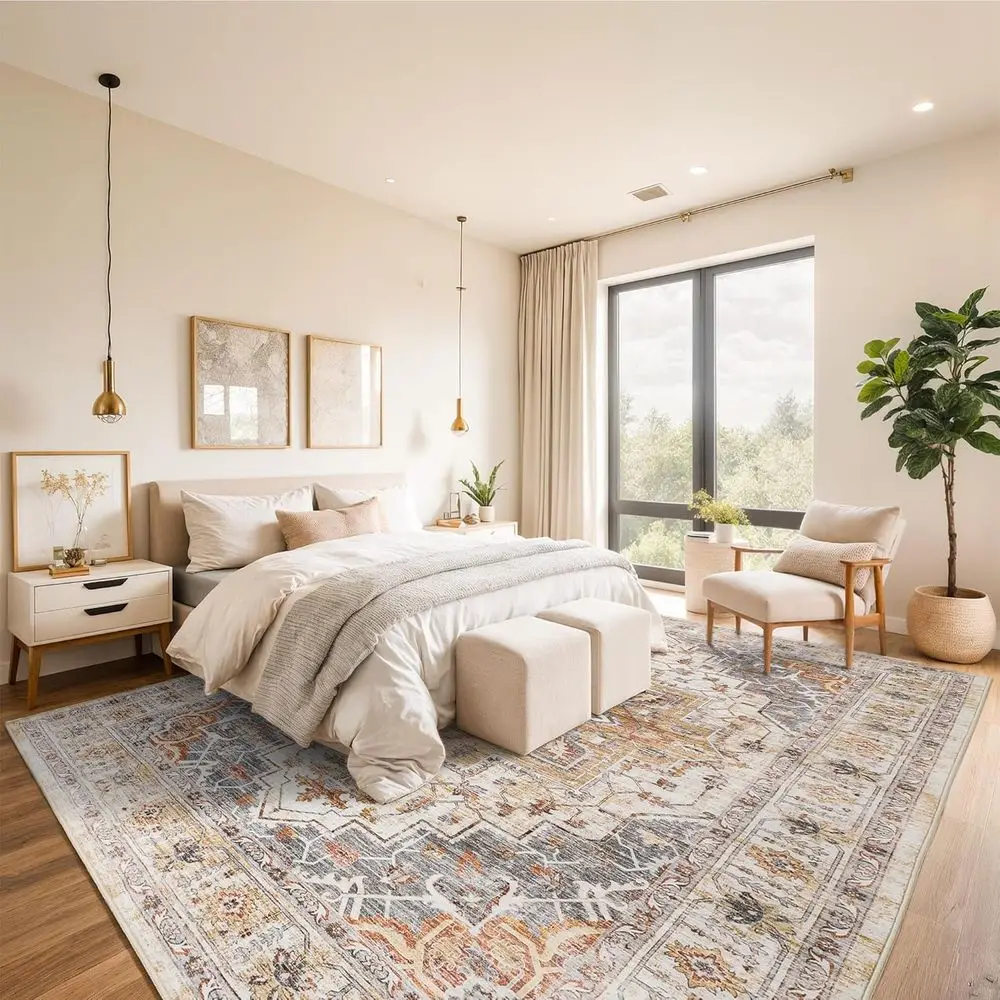 9x12 Vintage-Style Rugs for Living Spaces, Ultra-Thin, Washable, Non-Slip, Lightweight, Foldable, Stain-Resistant, Turmeric/Grey