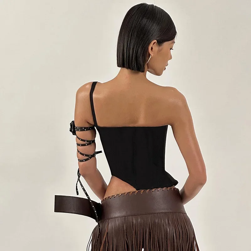 Fashion Women Buckle Irregular Crop Tops One Shoulder Strap Corset Tops Slim Waist  Low-cut Tanks Camis Bralette Bustiers New