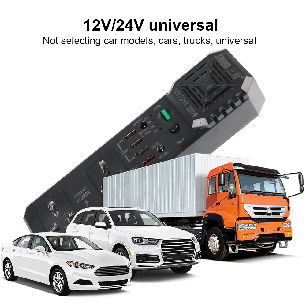 Portable Multiple Protection AC Sockets Power Adapter Converter Car Inverter USB Chargers 200W DC 12V/24V to AC 220V